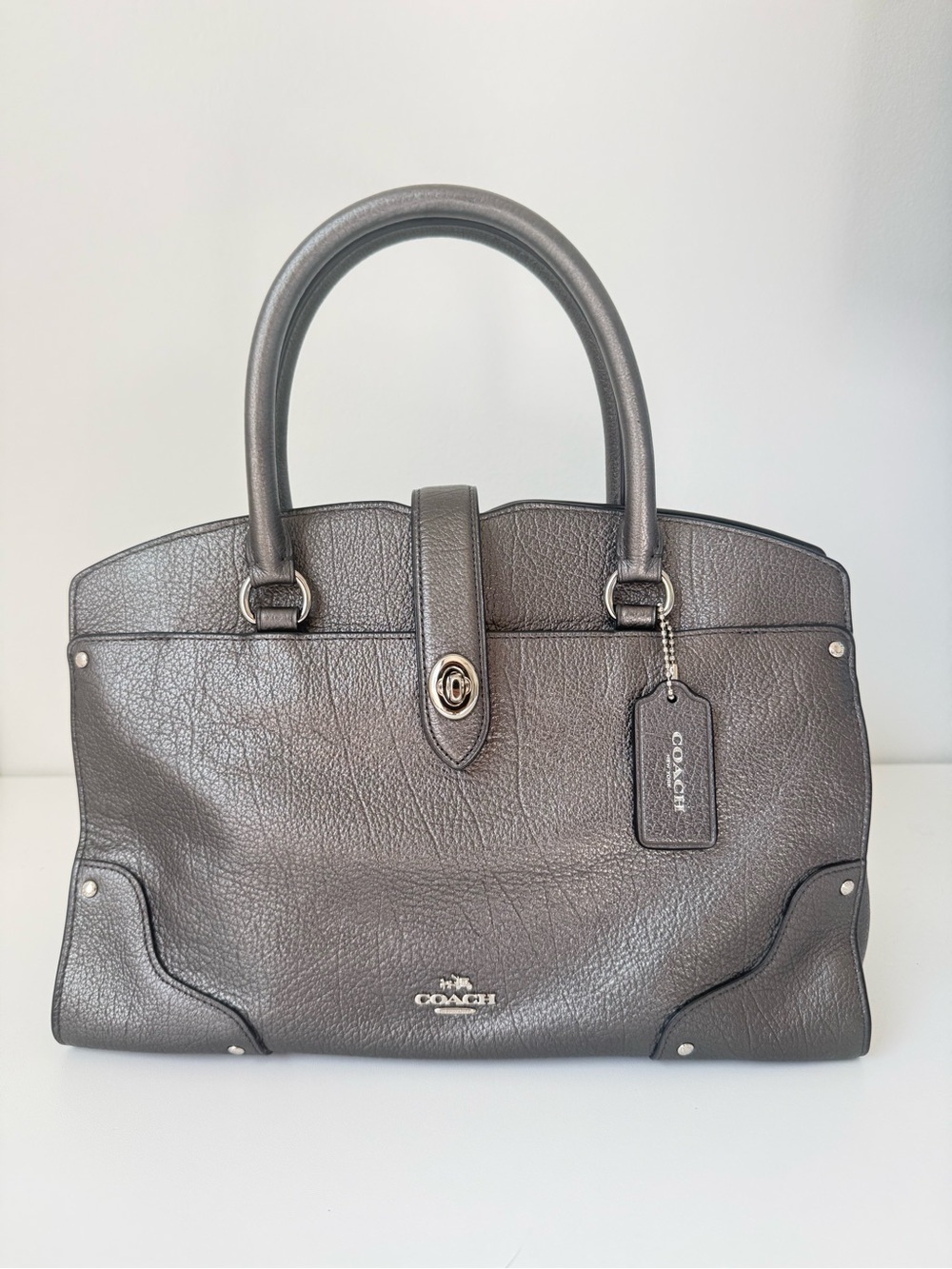Coach Mercer 30 Satchel in metallic graphite leather with silver-tone hardware